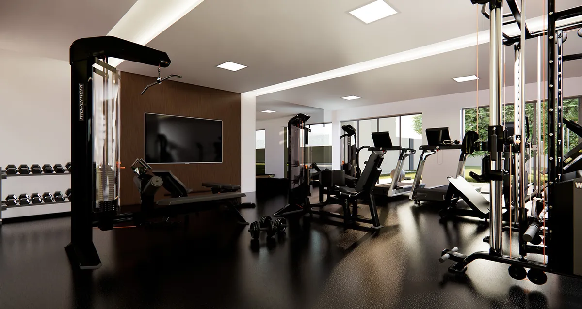 Academia — musculação e cardio com vista para o jardim