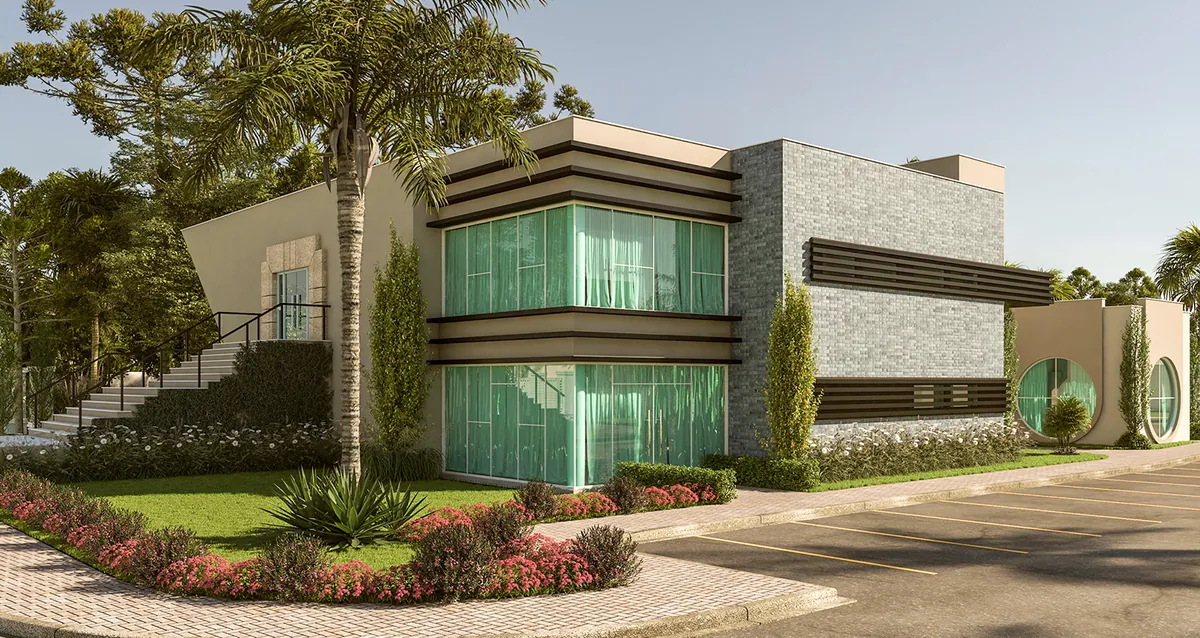 Sede do clube do Boulevard Club Condominium, com fachada envidraçada e jardim