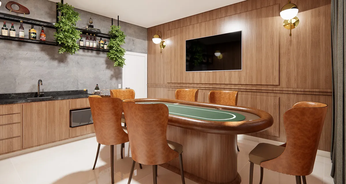 Pub exclusivo — bar, mesa de jogos e adega