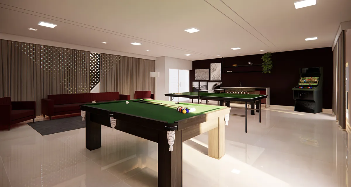 Sala de jogos — sinuca, pebolim e fliperama