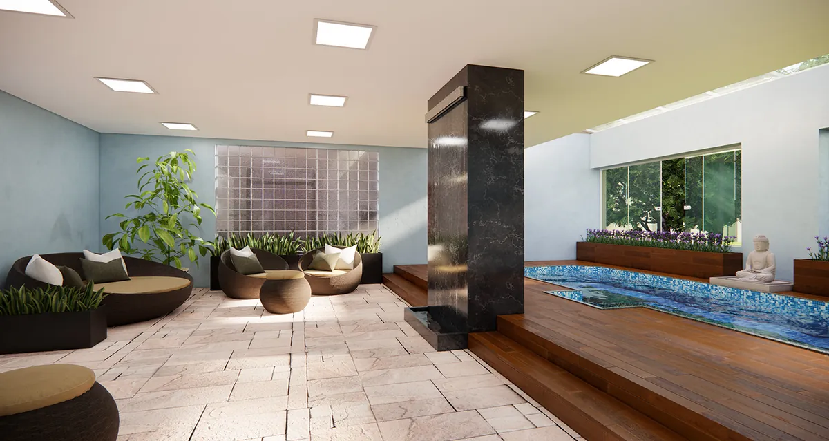 Spa — prainha aquecida, cascata e espreguiçadeiras internas